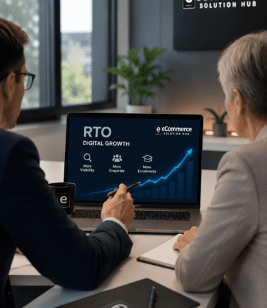 eCommerce Solution Hub RTO digital growth meeting showing SEO strategy, visibility, enquiries