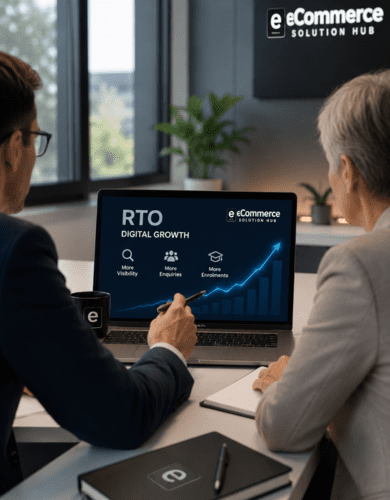 eCommerce Solution Hub RTO digital growth meeting showing SEO strategy, visibility, enquiries